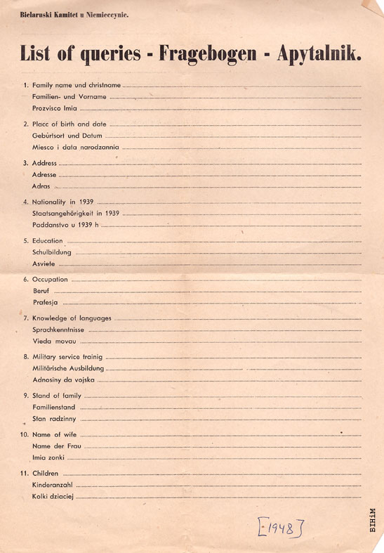 Блянк апытальніка Беларускага камітэту ў Нямеччыне 